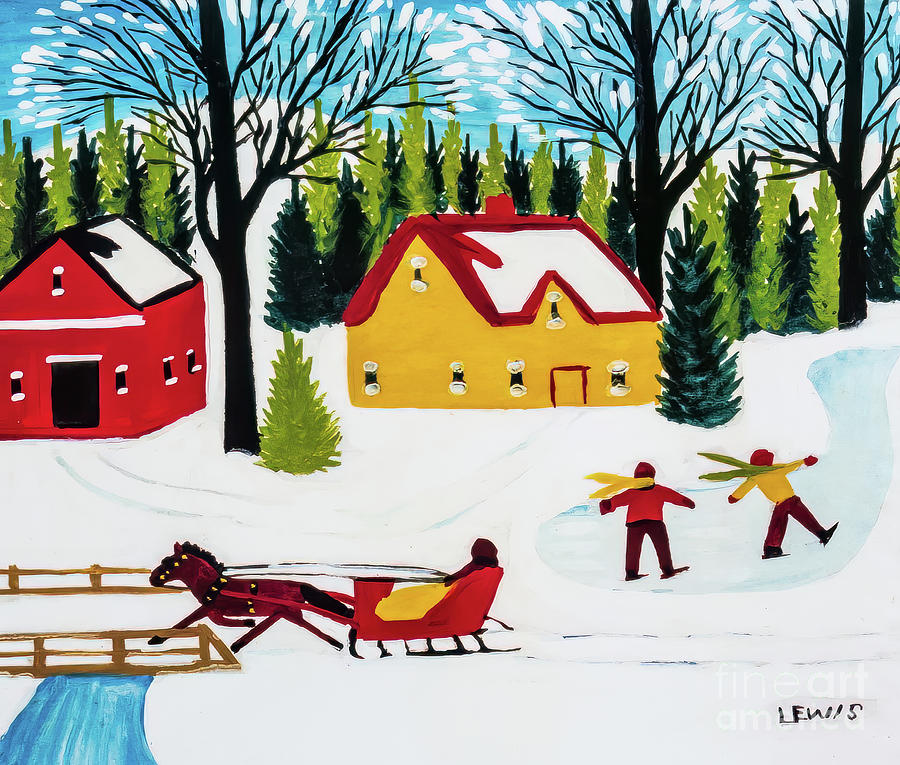 Skaters on a Pond by Maud Lewis late 1950s Painting by Maud Lewis