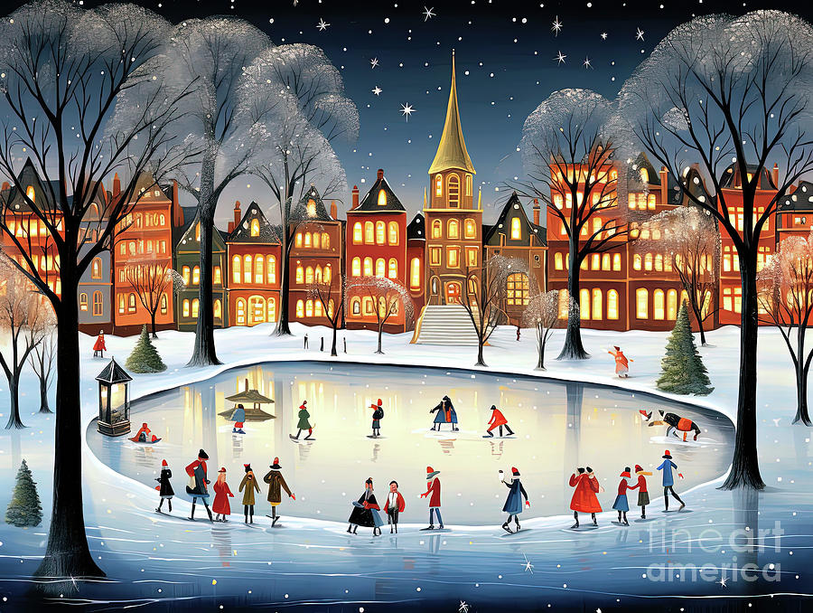 Skating Party on the Pond  Digital Art by Elaine Manley