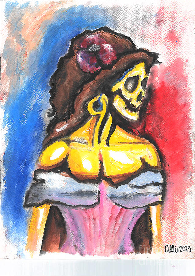 Skeletal Woman with Blue and Red Painting by Allie Lily
