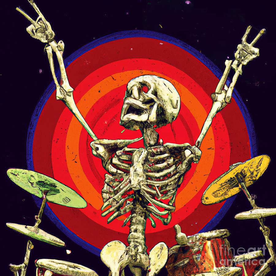 Skeleton Drummer Playing Drums Heavy Metal Rock Music v5 Digital Art by