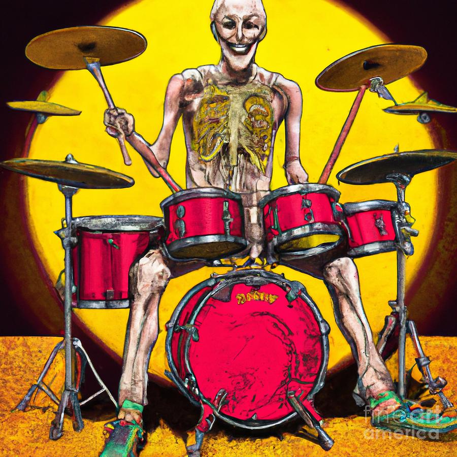 Skeleton Drummer Playing Drums Heavy Metal Rock Music v6 Digital Art by