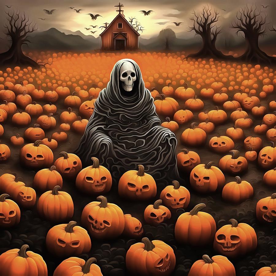 Halloween Painting - Skeleton Ghost And Creepy Pumpkin Patch Of Jack O Lanterns by Taiche Acrylic Art
