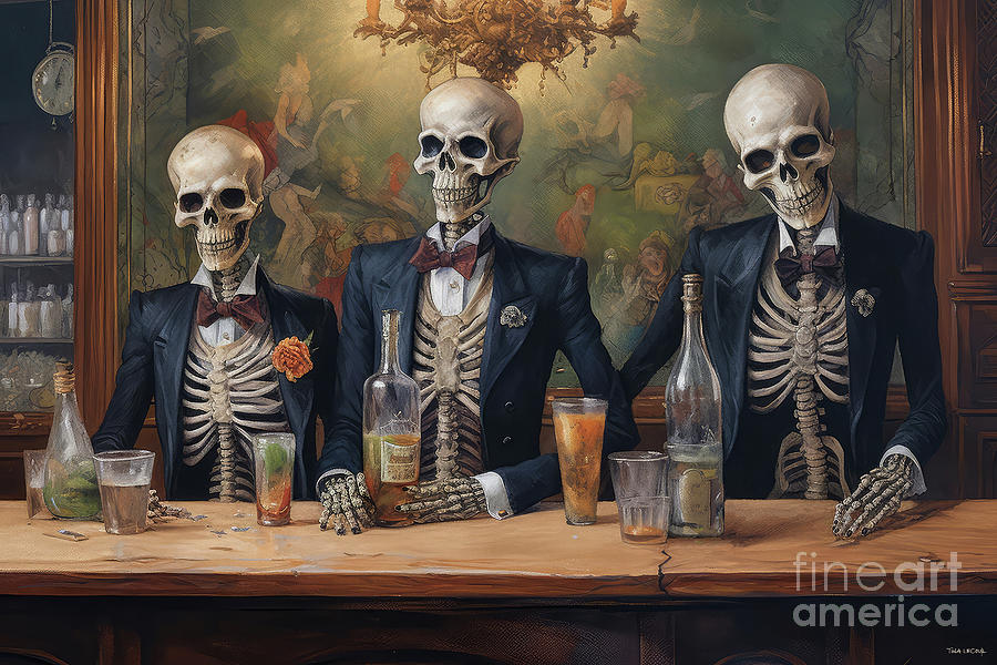 Halloween Painting - Skeleton Happy Hour by Tina LeCour