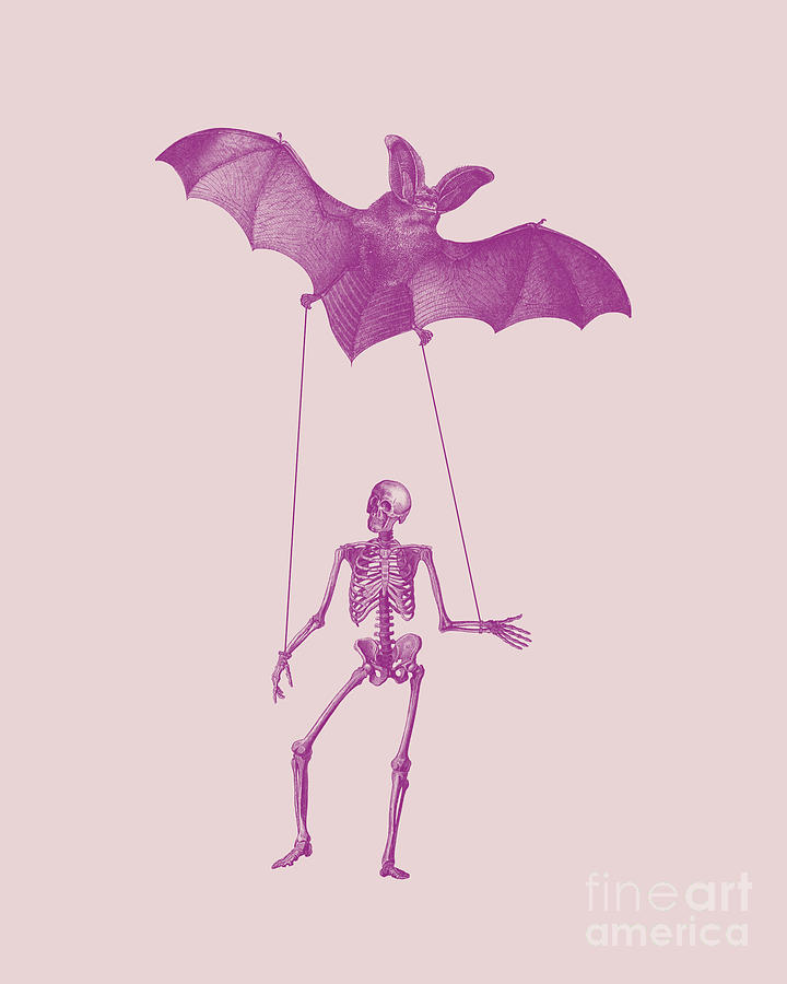 Skeleton Mixed Media - Skeleton puppet with bat by Madame Memento