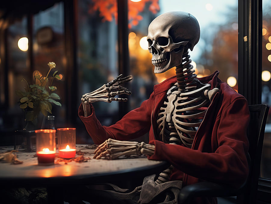 Skeleton sitting in restaurant Digital Art by Karen Foley