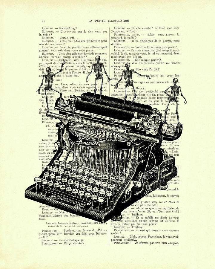 Black And White Digital Art - Skeleton typewriter by Madame Memento
