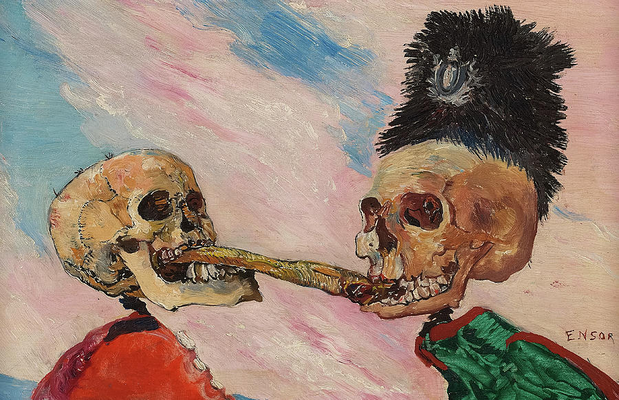 Skeleton Painting - Skeletons Fighting over a Pickled Herring by James Ensor