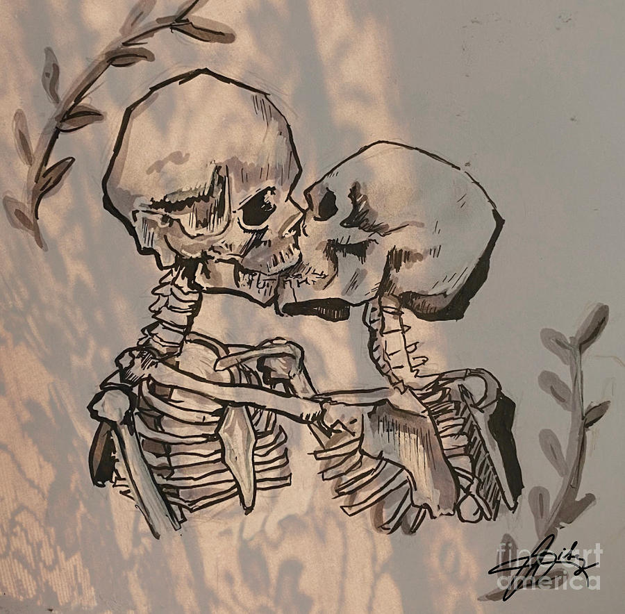 Skeletons kissing Drawing by Lil Blumoon
