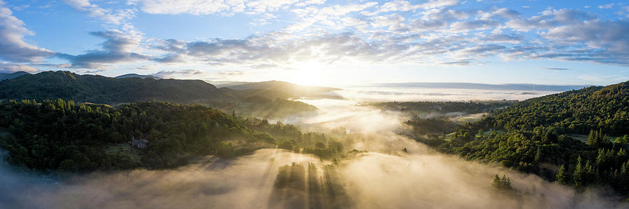 Skelwith Bridge and Loughrigg Aerial. Sunrise Lake District England 3 Photograph by Sonny Ryse