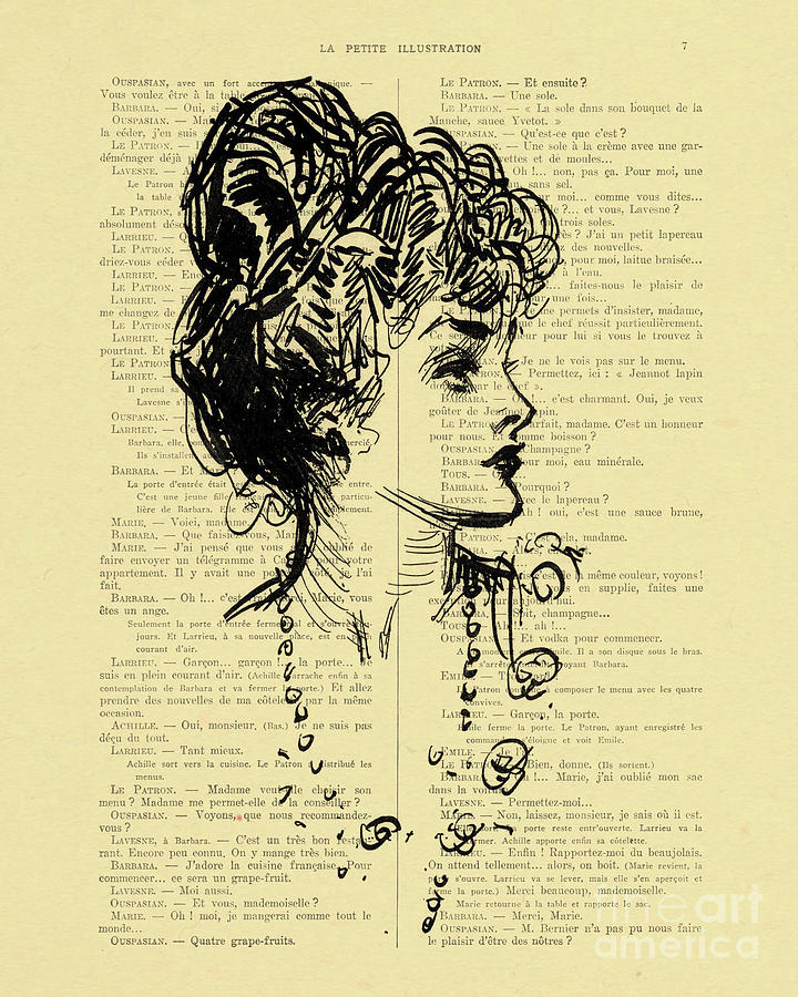 Vintage Mixed Media - Sketch Of A Lady On An Antique French Book Page by Madame Memento