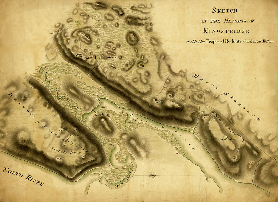 Map Drawing - Sketch of the Heights of Kingsbridge with the proposed redoubts colored yellow 1777 by Vintage Military Maps