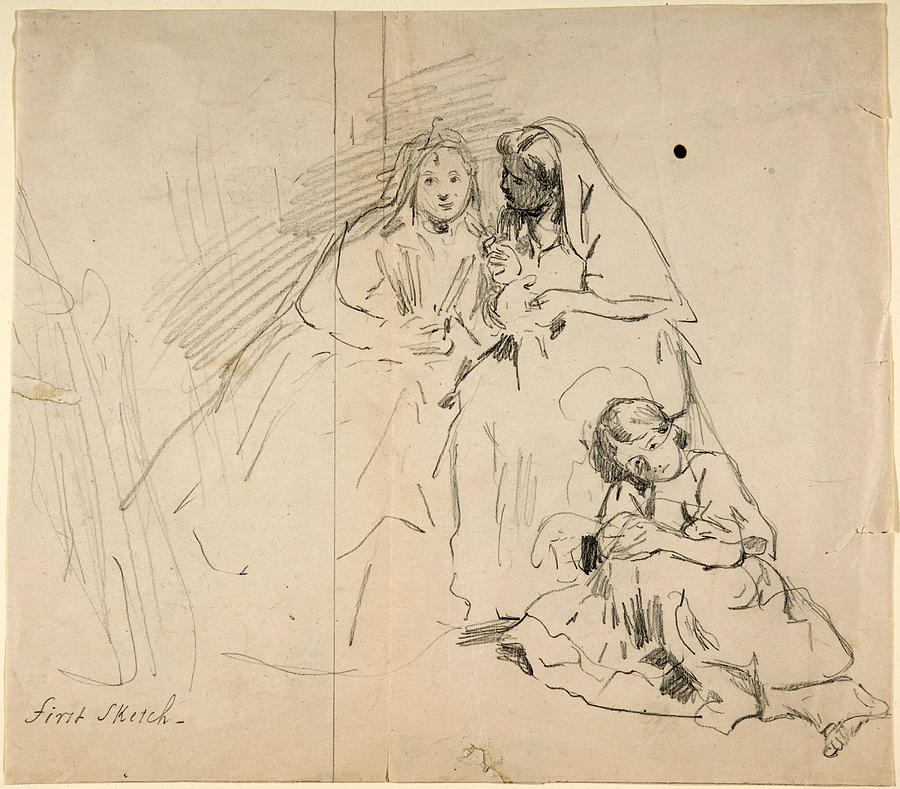 Sketch of Two Seated Women with Young Girl Sitting at Their Feet Drawing by Charles Baugniet