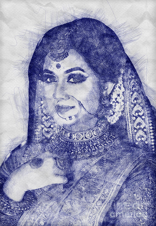 Indian bride black and white line drawing clip art. indian wedding • wall  stickers woman, white, wedding | myloview.com