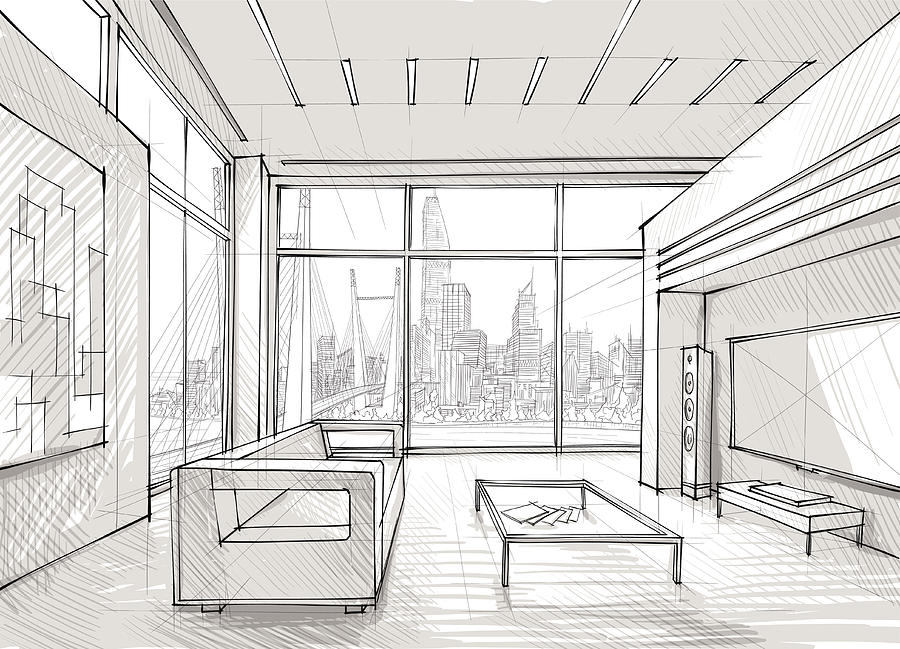 Sketched design of a spacious lounge overlooking the city Drawing by SireAnko