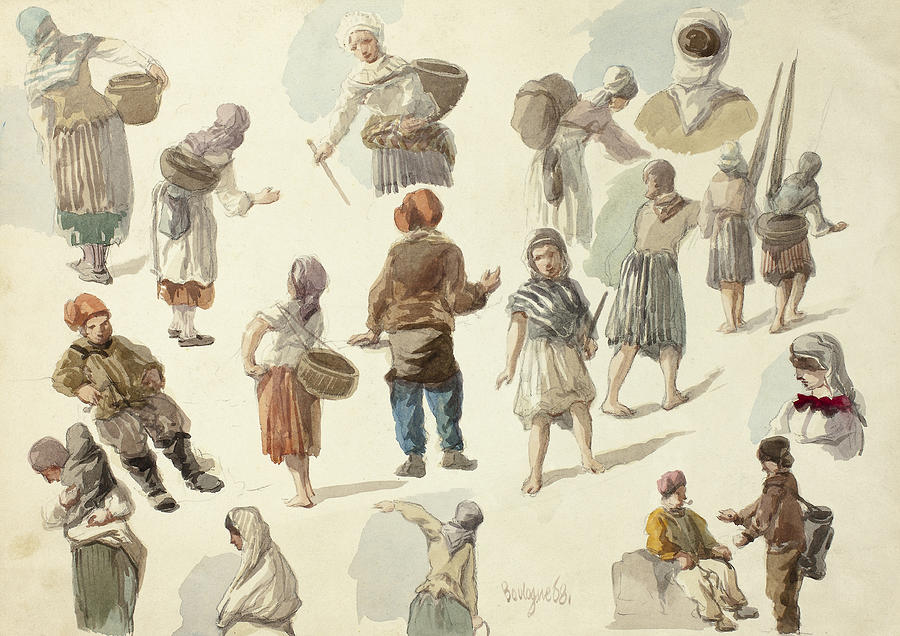 Sketches of Peasants in Boulogne Drawing by Frederick Christian Lewis