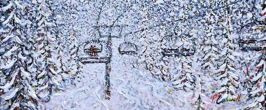 Ski Mug in a white out on a chairlift Painting by Pete Caswell