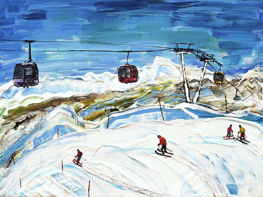 Ski Print of a Historic Gondola from Meribel Painting by Pete Caswell