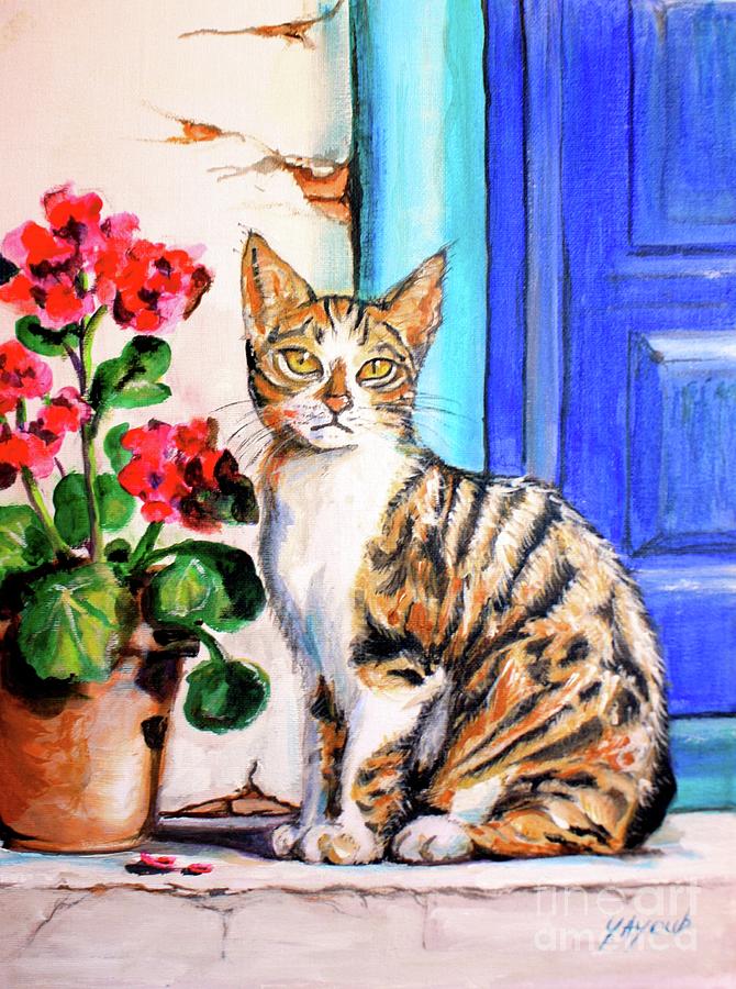 Skiathos Cat With Blue Door Painting
