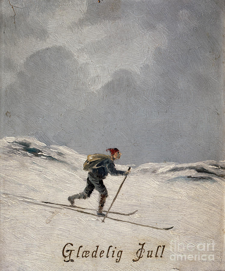 Skier, Merry Christmas, ca 1880 Painting by O Vaering by Otto Henning