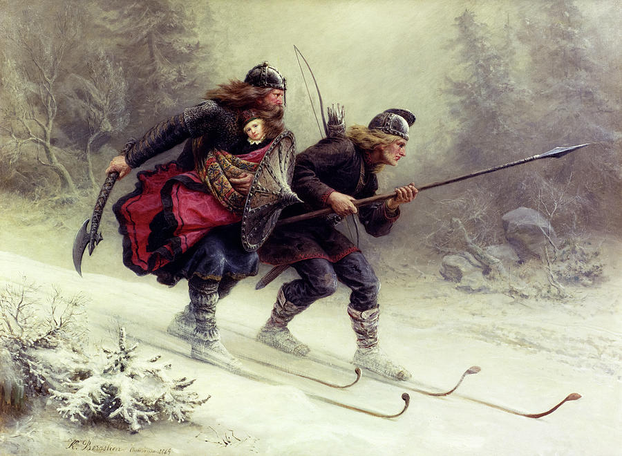 Valkyrie Painting - Skiing Birchlegs Crossing The Mountain With The Royal Child, 1869 by Knud Bergslien