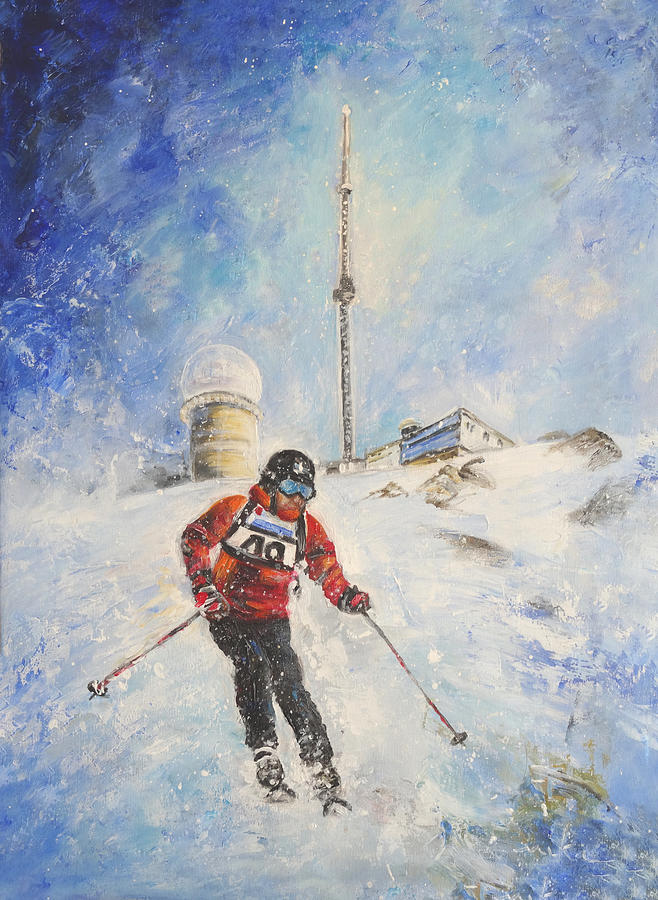Skiing Down The Pic Du Midi Painting by Miki De Goodaboom