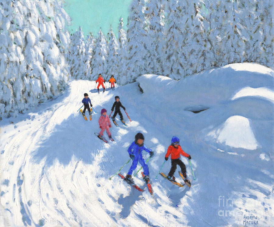 Skiing down the trail, Courchevel Painting by Andrew Macara