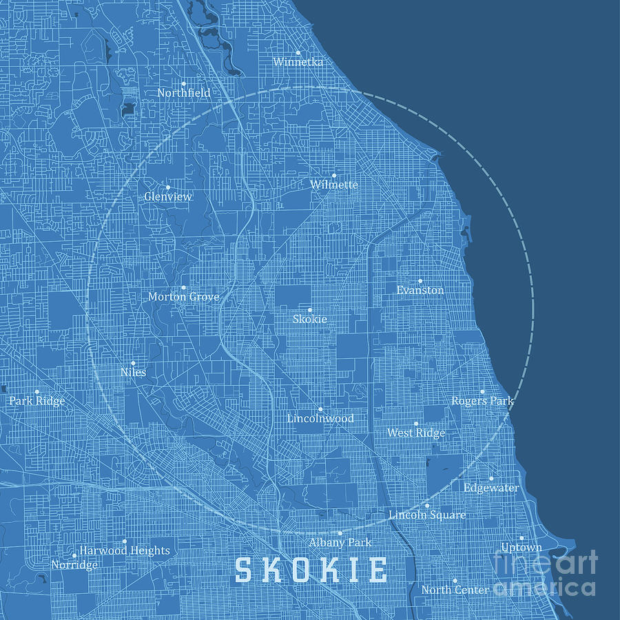 Skokie IL City Vector Road Map Blue Text Digital Art by Frank Ramspott ...