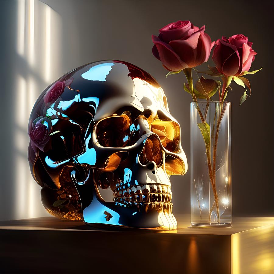 Chrome-Plated Skull with Roses Digital Art by John Deecken