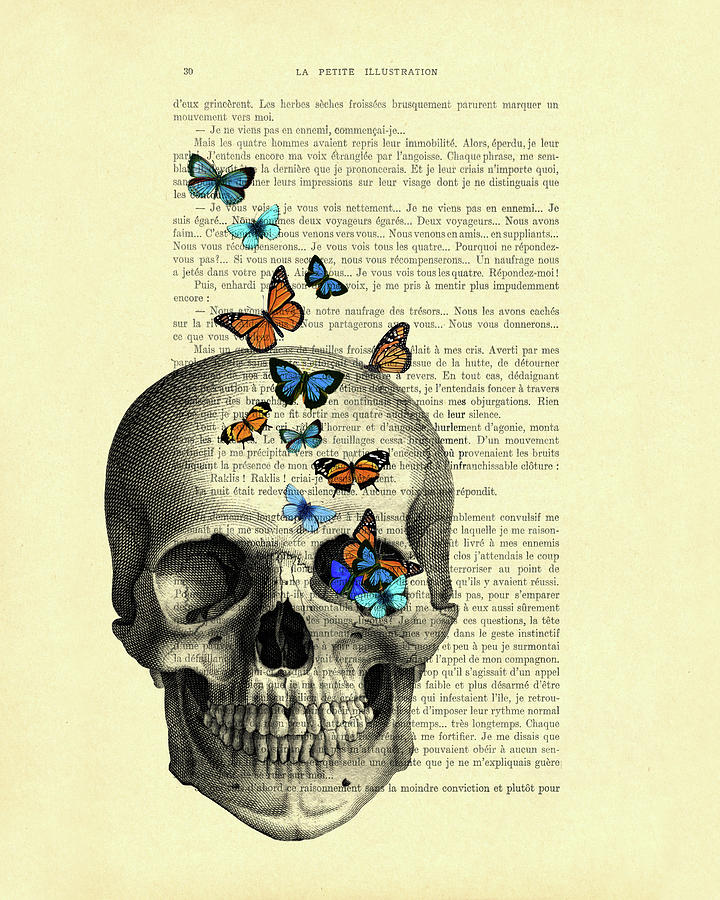 Butterfly Digital Art - Skull and butterflies book page art by Madame Memento