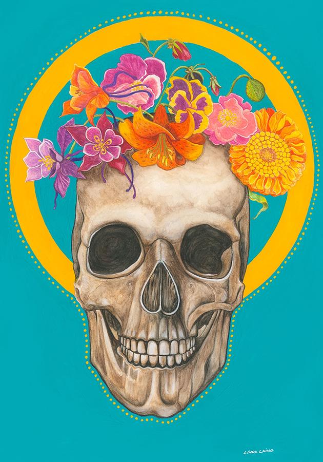 Skull With Flowers Painting - Skull and Flowers by Linda Laing