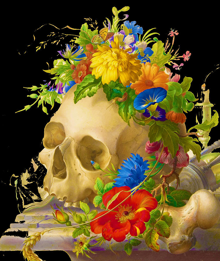 Skull Flower Still Life Painting