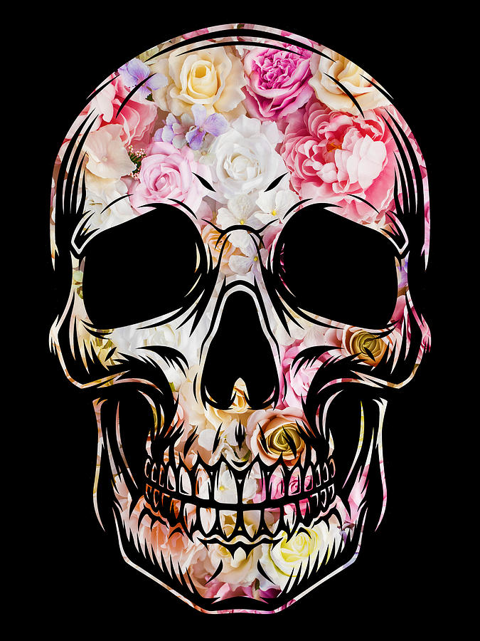 Abstract Painting - Skull Flowers Floral T-Shirt by Tony Rubino