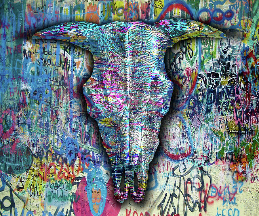 Skull Horns Graffiti Head Animal Painting by Tony Rubino