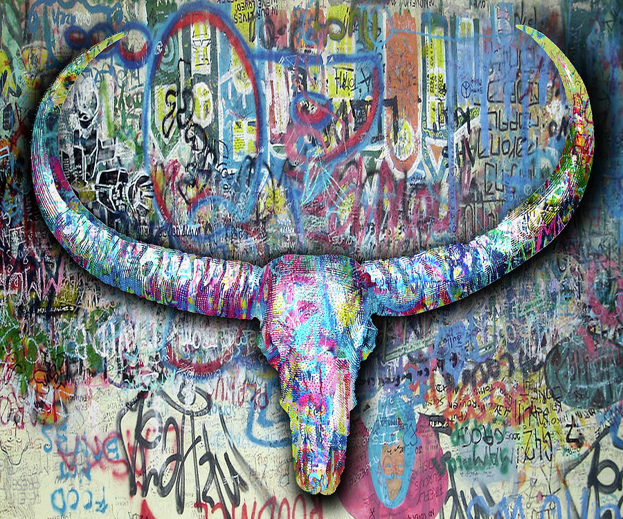 Skull Horns Graffiti Painting by Tony Rubino