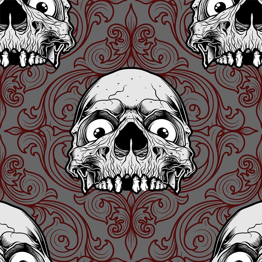 Black And White Digital Art - Skull Ornament Seamless Pattern, Halloween Vector Illustration, Halloween Costume, Halloween Day by Mounir Khalfouf