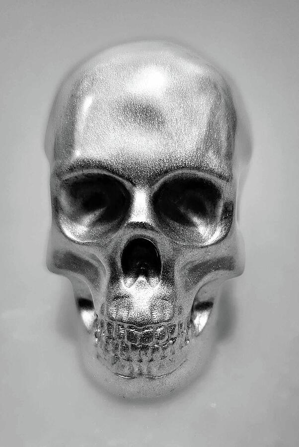 Skull resin art image in silver on grey Mixed Media by Angela Whitehouse