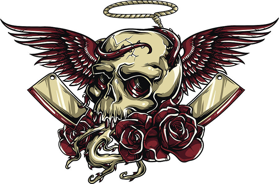 skull with wings and roses