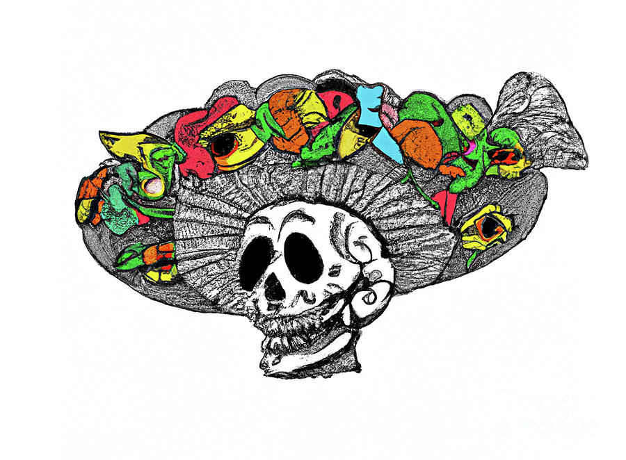 Skull with a flowered hat Digital Art by Pete Klinger