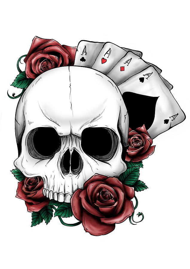 Skull with flowers, with roses. Drawing by hand. . Illustrator Digital