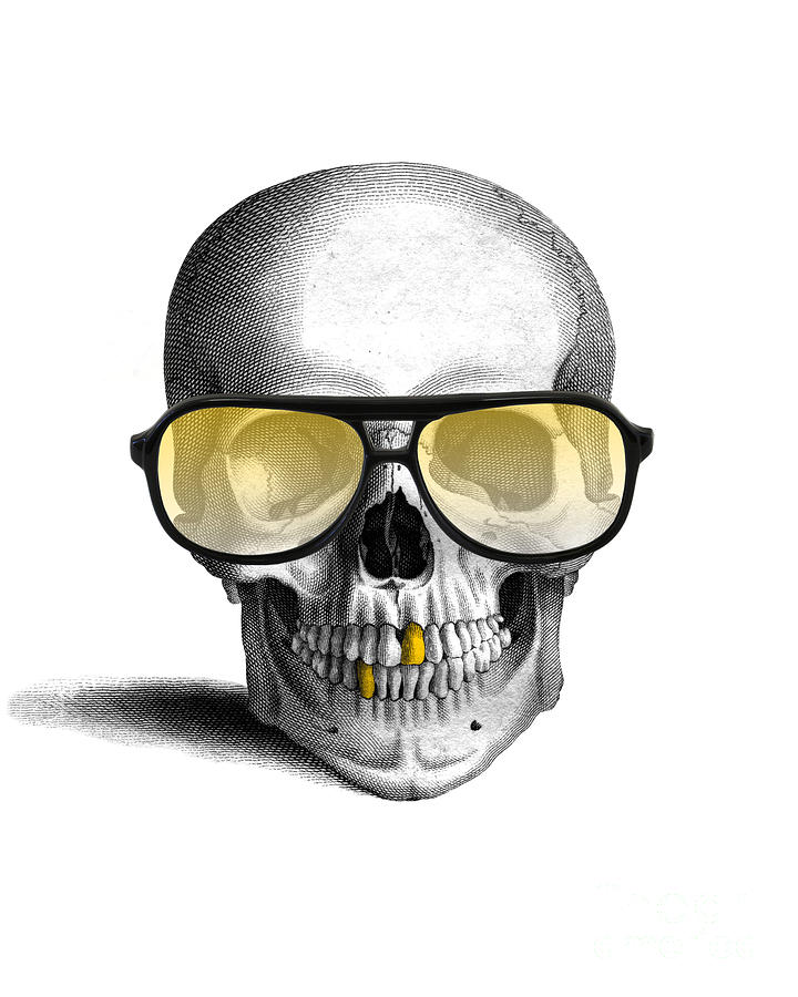 Gold Teeth Digital Art - Skull with gold teeth and sunglasses by Madame Memento