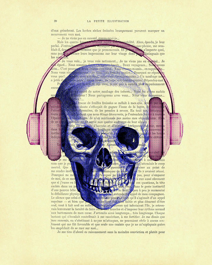 Cool Mixed Media - Skull with headphones book page art by Madame Memento