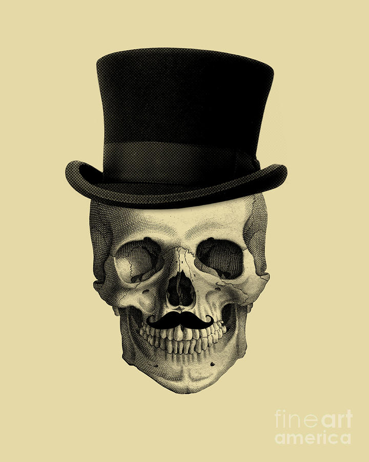 Halloween Mixed Media - Skull with moustache and black top hat by Madame Memento