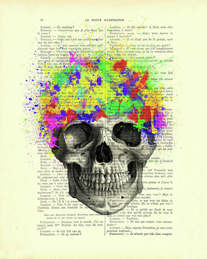 Vintage Mixed Media - Skull with paint splatters by Madame Memento
