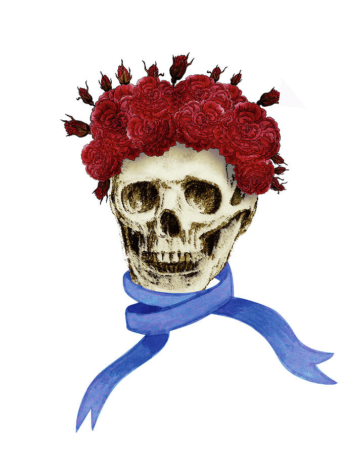 Skull With Roses And Blue Scarf  Painting by Irina Sztukowski