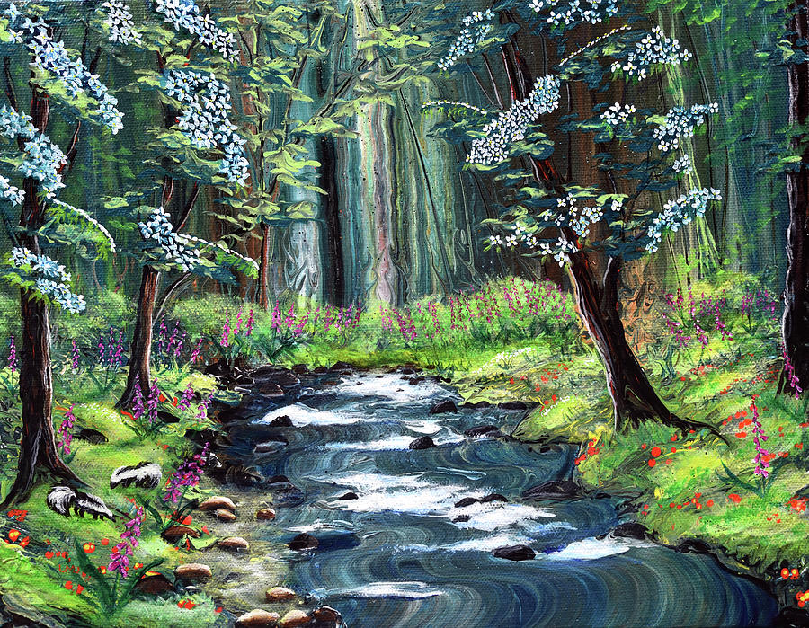 Skunks under Dogwood Trees Painting by Laura Iverson