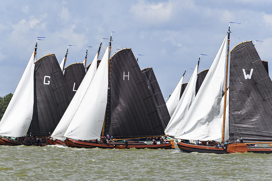Skutsje classic sailboats sailing on the IJsselmeer near Lemmer in Frisia during the Skutsjesilen Photograph by Sjo