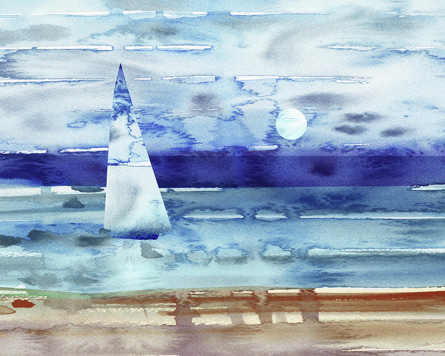Sky Blue Aqua Sailboat At The Ocean Shore Seascape Painting Beach House Watercolor  Painting by Irina Sztukowski