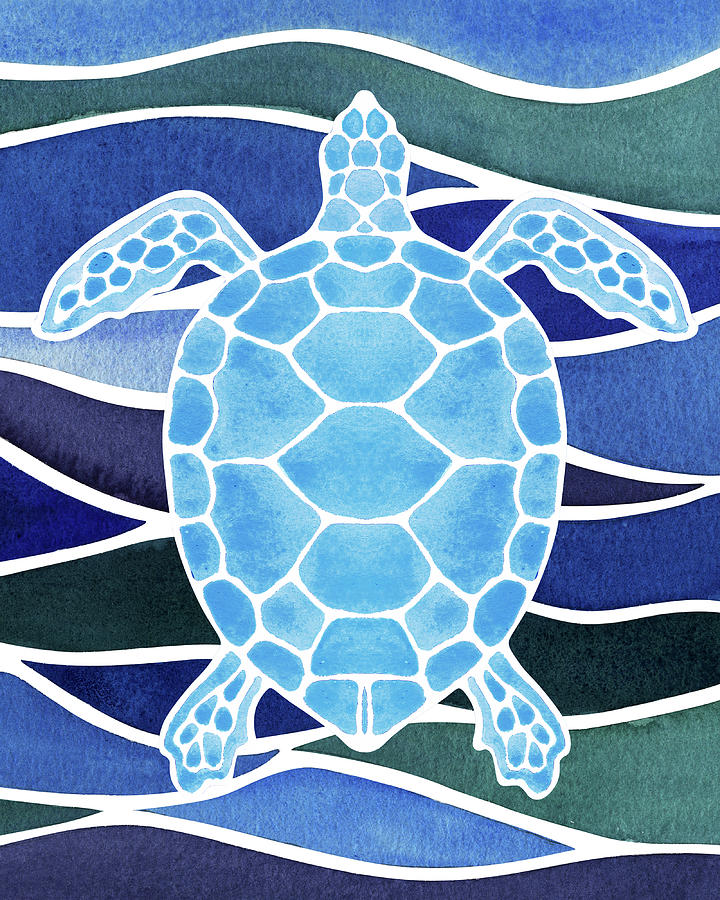 Sky Blue Giant Turtle In Batik Waves Watercolor Painting