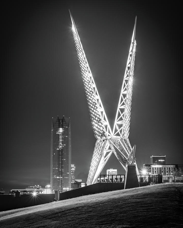Skydance Bridge and Devon Tower Of Oklahoma City - Black and White Photograph by Gregory Ballos