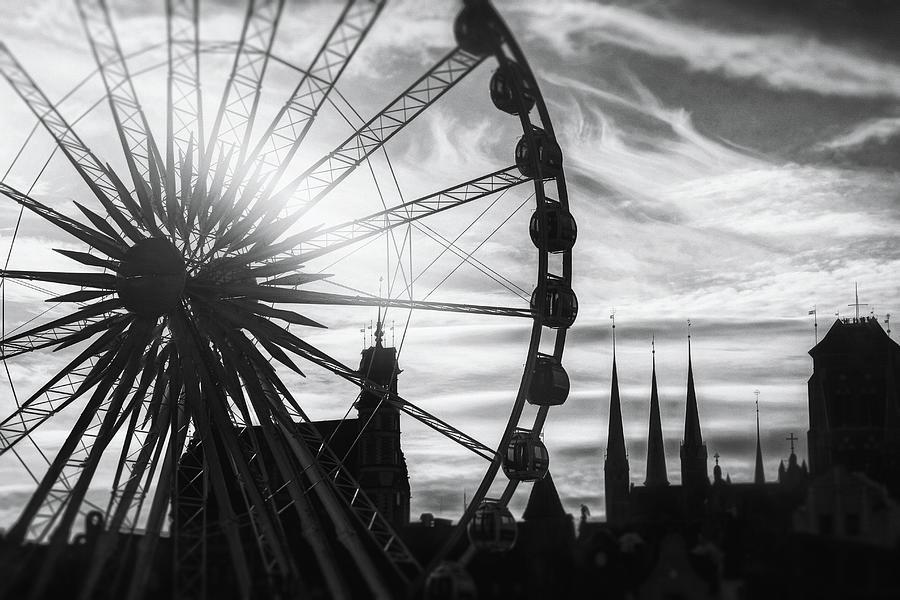 Skyline and Ferris Wheel Gdansk Poland Black and White  Photograph by Carol Japp